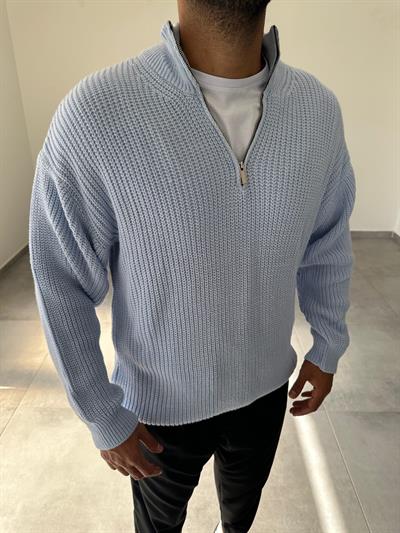 Bebe Mavisi Yarım Fermarlı Oversize Örme Triko Kazak