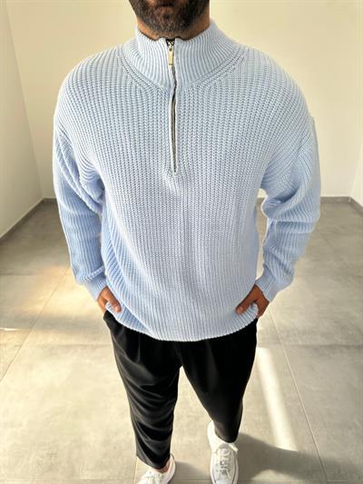 Bebe Mavisi Yarım Fermarlı Oversize Örme Triko Kazak