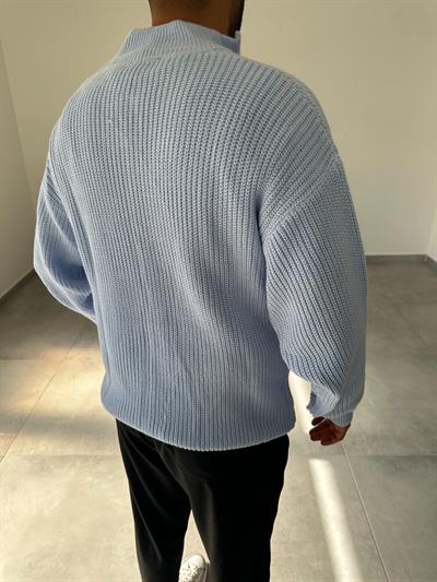 Bebe Mavisi Yarım Fermarlı Oversize Örme Triko Kazak