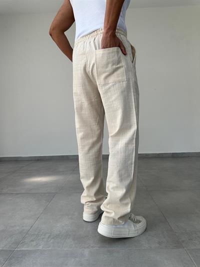 Bej Renk Bel Kısmı Lastikli Baggy Keten Pantolon