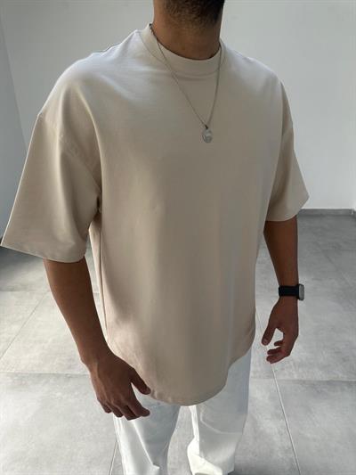 Bej Renk Bisiklet Yaka Oversize T-Shirt
