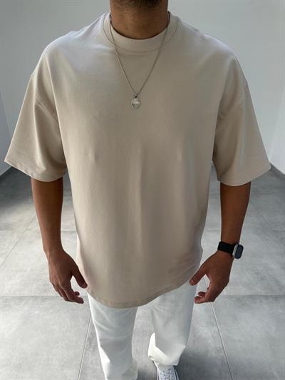 Bej Renk Bisiklet Yaka Kalın Kumaş Oversize T-Shirt