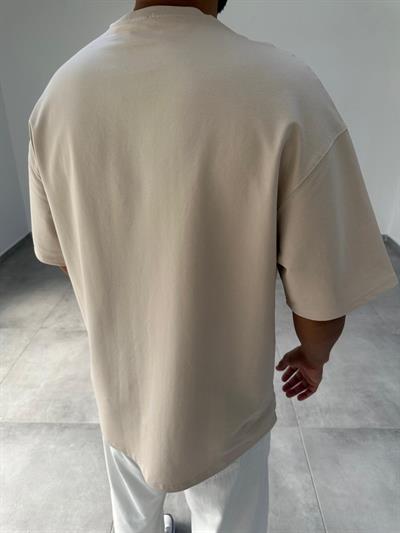 Bej Renk Bisiklet Yaka Oversize T-Shirt