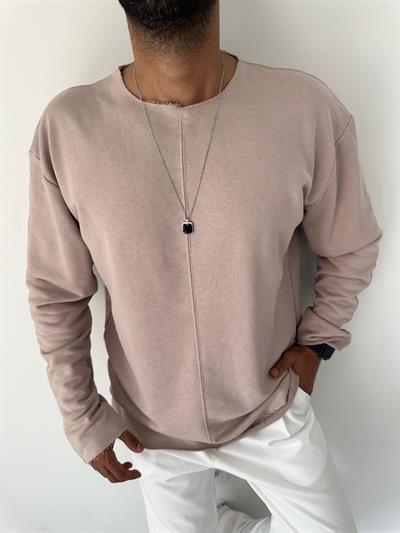 Bej Renk Kesik Yaka Ve Dikiş Detaylı Oversize Kesim Sweatshirt