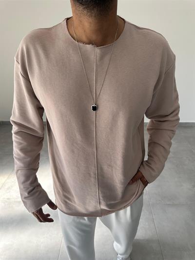Bej Renk Kesik Yaka Ve Dikiş Detaylı Oversize Kesim Sweatshirt