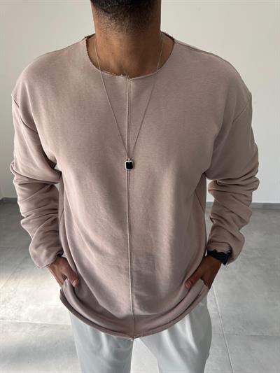 Bej Renk Kesik Yaka Ve Dikiş Detaylı Oversize Kesim Sweatshirt