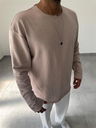 Bej Renk Kesik Yaka Ve Dikiş Detaylı Oversize Kesim Sweatshirt