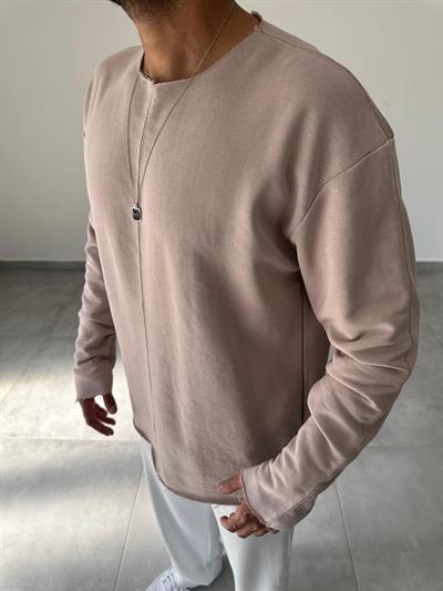 Bej Renk Kesik Yaka Ve Dikiş Detaylı Oversize Kesim Sweatshirt