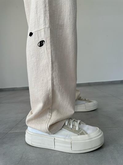 Bej Renk Nakış Detaylı Ham Keten Baggy Pantolon