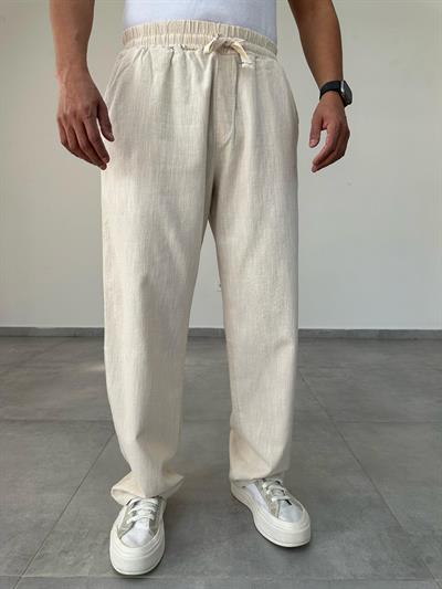 Bej Renk Nakış Detaylı Ham Keten Baggy Pantolon
