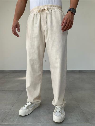 Bej Renk Nakış Detaylı Ham Keten Baggy Pantolon