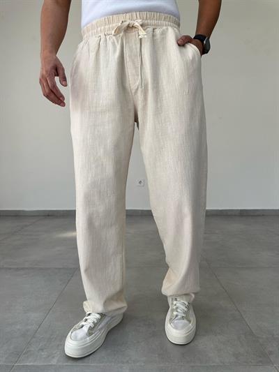 Bej Renk Nakış Detaylı Ham Keten Baggy Pantolon