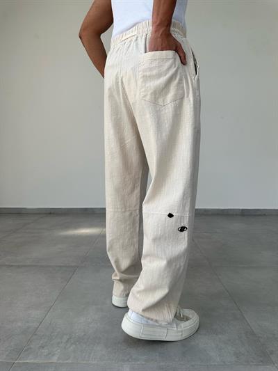 Bej Renk Nakış Detaylı Ham Keten Baggy Pantolon