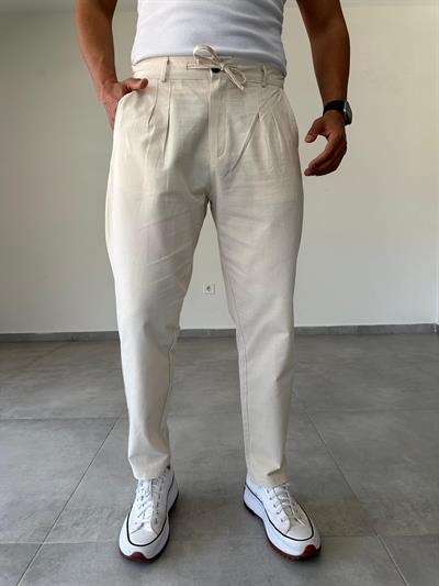 Bej Renk Ön Kısmı Pile Detaylı Boyfriend Kesim Keten Pantolon