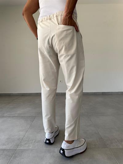 Bej Renk Ön Kısmı Pile Detaylı Boyfriend Kesim Keten Pantolon