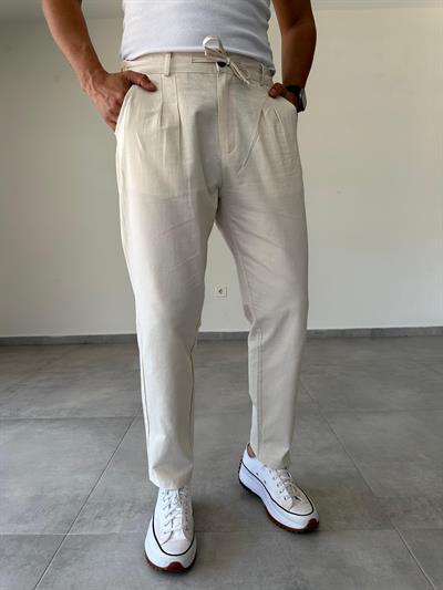 Bej Renk Ön Kısmı Pile Detaylı Boyfriend Kesim Keten Pantolon