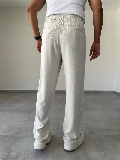 Bej Renk Ön Kısmı Pileli Ham Keten Baggy Kesim Pantolon