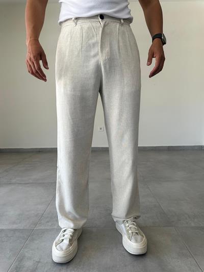 Bej Renk Ön Kısmı Pileli Ham Keten Baggy Kesim Pantolon