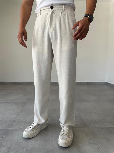 Bej Renk Ön Kısmı Pileli Ham Keten Baggy Kesim Pantolon