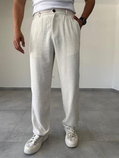 Bej Renk Ön Kısmı Pileli Ham Keten Baggy Kesim Pantolon