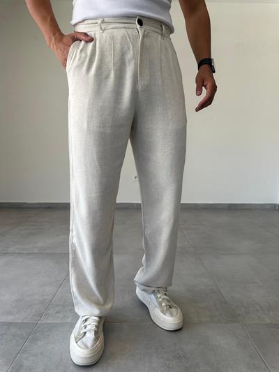Bej Renk Ön Kısmı Pileli Ham Keten Baggy Kesim Pantolon