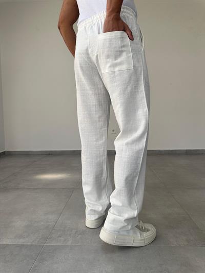 Beyaz Renk Bel Kısmı Lastikli Baggy Keten Pantolon