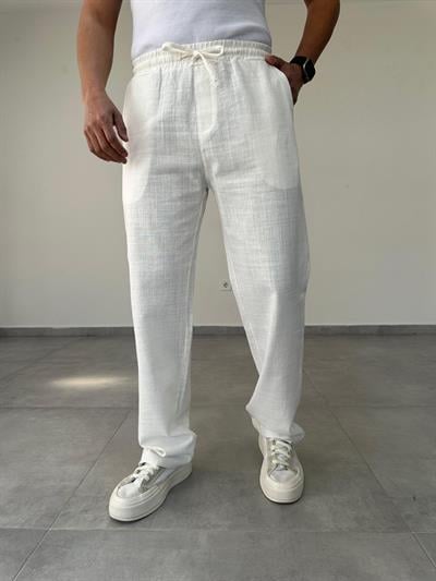 Beyaz Renk Bel Kısmı Lastikli Baggy Keten Pantolon
