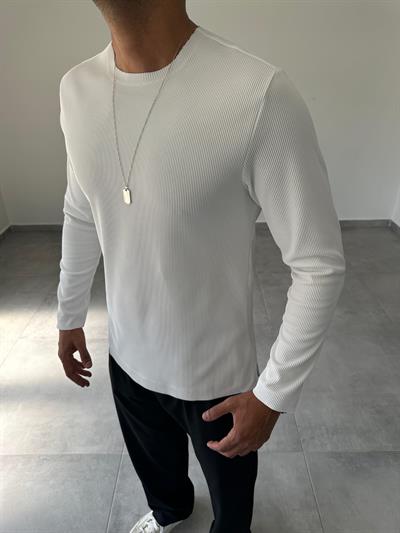Beyaz Renk Kesik Yaka Detaylı Ottoman Kumaş Sweatshirt