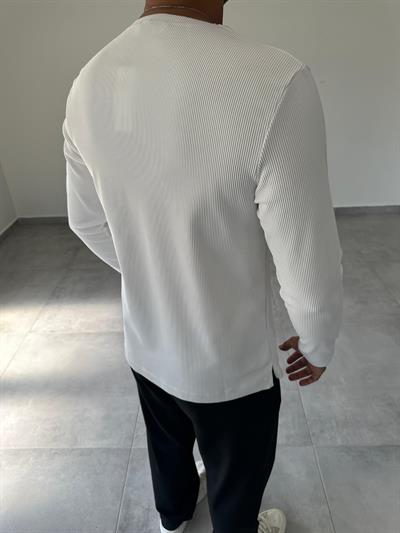 Beyaz Renk Kesik Yaka Detaylı Ottoman Kumaş Sweatshirt