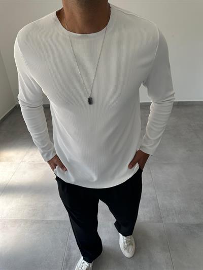 Beyaz Renk Kesik Yaka Detaylı Ottoman Kumaş Sweatshirt