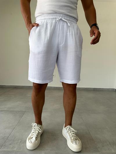 Beyaz Renk Müslin Kumaş Relax Fit Basic Şort