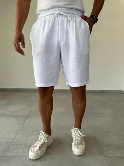Beyaz Renk Müslin Kumaş Relax Fit Basic Şort