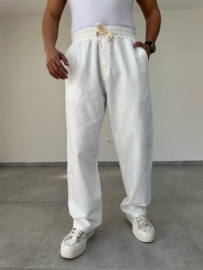 Beyaz Renk Nakış Detaylı Ham Keten Baggy Pantolon