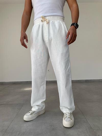 Beyaz Renk Nakış Detaylı Ham Keten Baggy Pantolon