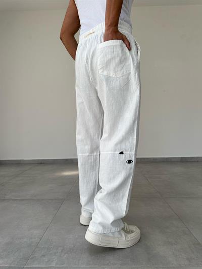 Beyaz Renk Nakış Detaylı Ham Keten Baggy Pantolon