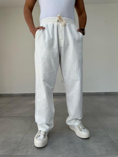 Beyaz Renk Nakış Detaylı Ham Keten Baggy Pantolon