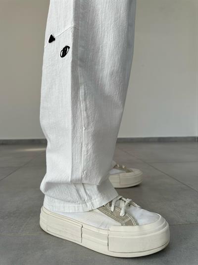 Beyaz Renk Nakış Detaylı Ham Keten Baggy Pantolon