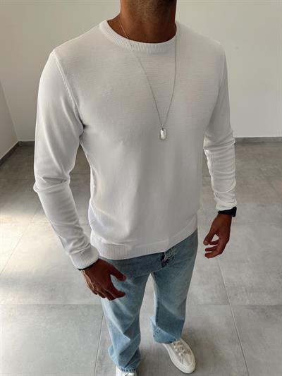 Beyaz Renk Örme Triko Basic Sweatshirt