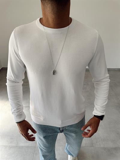 Beyaz Renk Örme Triko Basic Sweatshirt