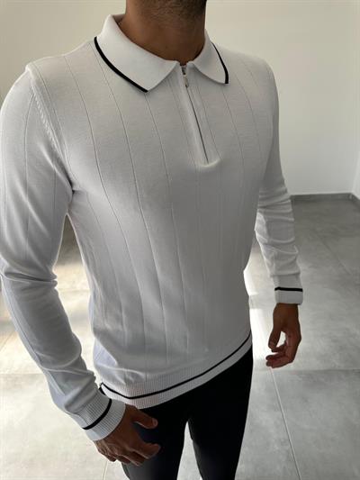 Beyaz Renk Polo Yaka Fitilli Triko Sweatshirt