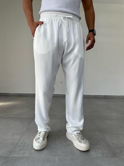 Beyaz Renk Tensel Kumaş Basic Baggy Pantolon