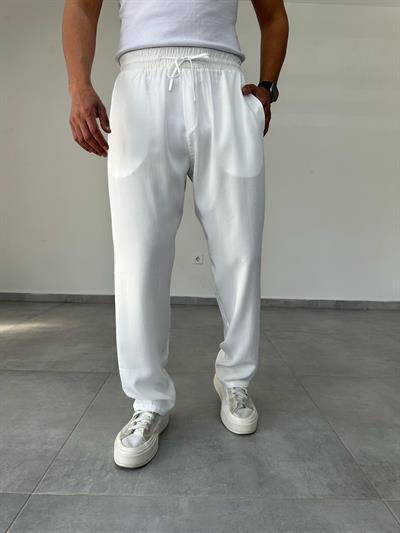 Beyaz Renk Tensel Kumaş Basic Baggy Pantolon