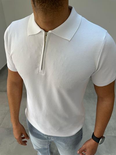 Beyaz Renk Yarım Fermuar Detaylı Triko T-Shirt