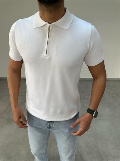 Beyaz Renk Yarım Fermuar Detaylı Triko T-Shirt