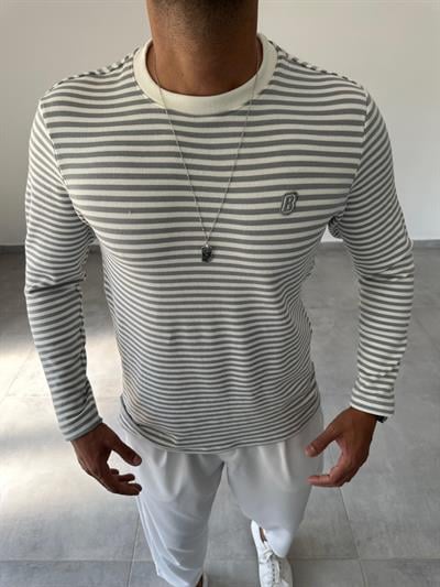 Beyaza Gri Çizgili Basic Sweatshirt
