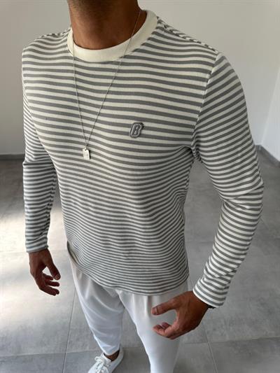 Beyaza Gri Çizgili Basic Sweatshirt