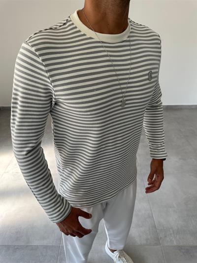 Beyaza Gri Çizgili Basic Sweatshirt