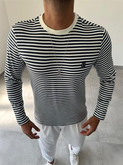 Beyaza Lacivert Çizgili Basic Sweatshirt