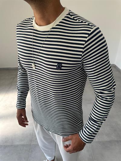 Beyaza Lacivert Çizgili Basic Sweatshirt