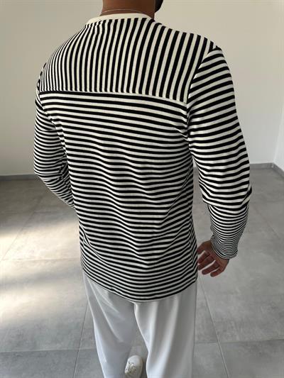 Beyaza Siyah Çizgili Basic Sweatshirt